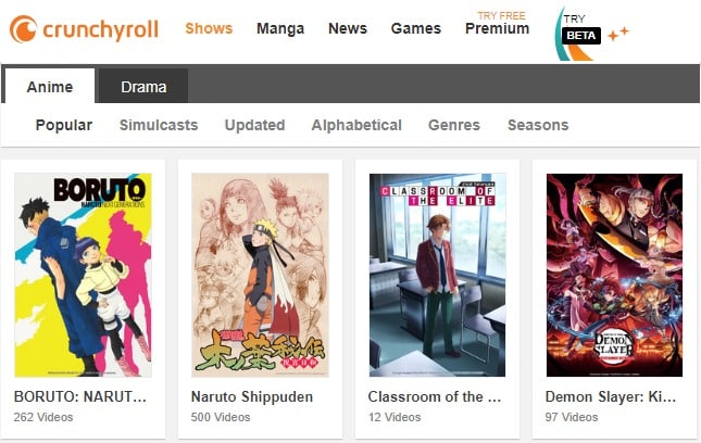 Crunchyroll website screengrab